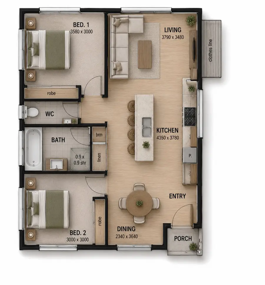 2 Bed 1 Bath Floor Plan